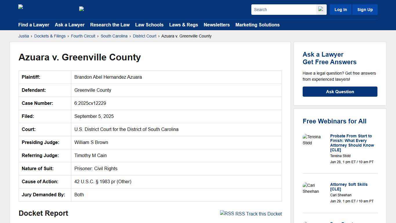 Azuara v. Greenville County 6:2025cv12229 U.S. District Court for the District of South Carolina Justia
